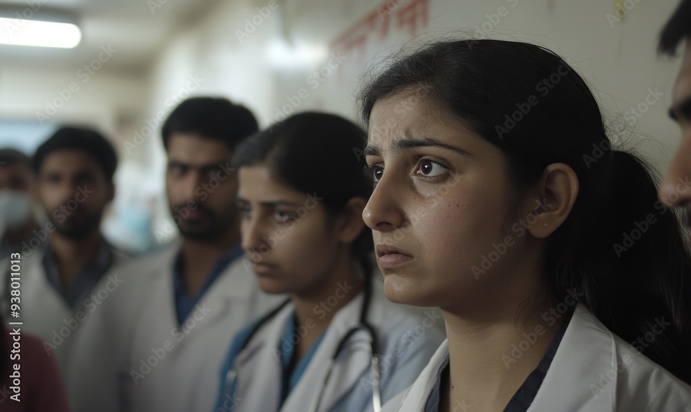 Fototapeta premium Frustrated Indian Doctors Expressing Anger: Workplace Stress and Emotional Release in Healthcare. Abstract Concept of Pressure Management and Doctor-Patient Relations. Minimalist Design with Elegant G