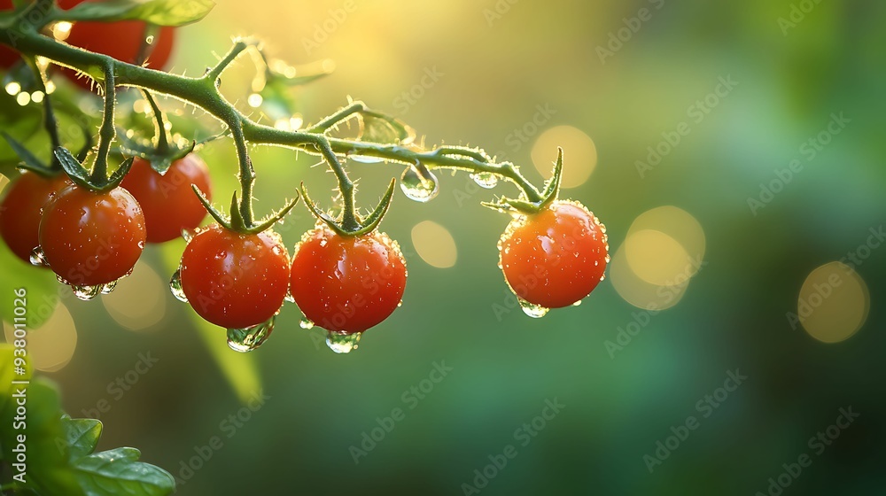 Close-up of ripe cherry tomatoes hanging on a vine, covered in morning dew, with a soft green and yellow bokeh background. Close-up of ripe cherry tomatoes hanging on a vine, covered in morning dew, with a soft green and yellow bokeh background.