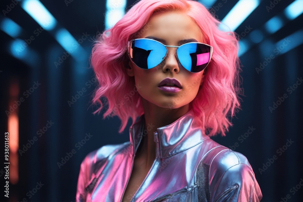 Futuristic fashion portrait photo of a beauty confident smart pink hair woman with neon lights.
Futuristic fashion portrait photo of a beauty confident smart pink hair woman with neon lights.