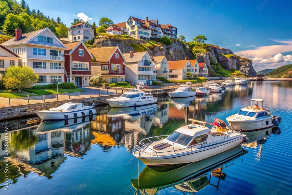 Serene waterfront scene in Lindesnes, Norway, featuring sleek, luxurious boats docked in front of modern, upscale apartment buildings on a sunny summer day. Serene waterfront scene in Lindesnes, Norway, featuring sleek, luxurious boats docked in front of modern, upscale apartment buildings on a sunny summer day.