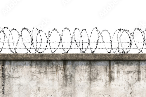 Obraz na płótnie Barbed wire fence on top of concrete wall isolated on transparent background. Concept of restriction of freedom and prison w salonie