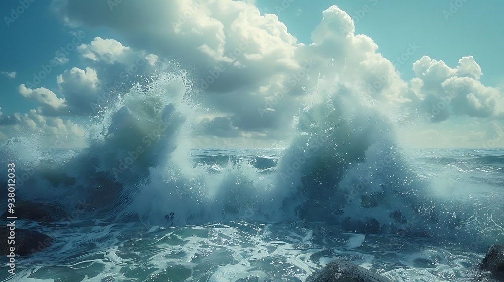 Naklejka premium A serene ocean scene with crashing waves and a bright sky filled with clouds.