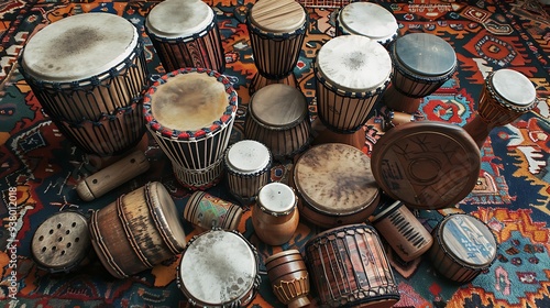 A collection of hand drums and percussion instruments arranged on a colorful rug. 32k, full ultra hd, high resolution photo