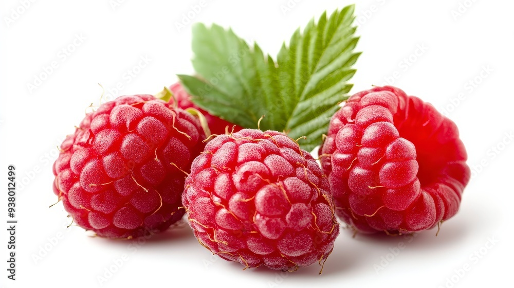 Three red raspberries with green leaves on a white background. Three red raspberries with green leaves on a white background.