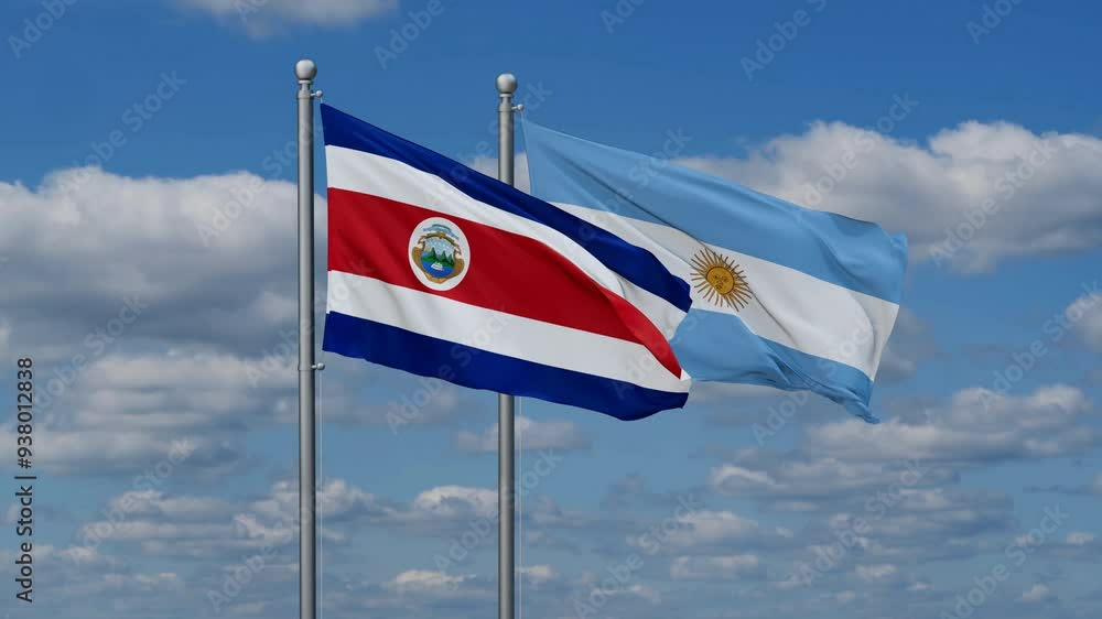 Argentina and Costa Rico flags flying together, video concept of the relationship, two country relations concept Argentina and Costa Rico flags flying together, video concept of the relationship, two country relations concept