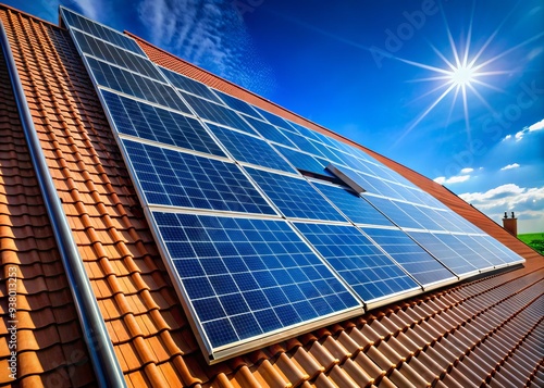 Shiny solar panels installed diagonally on a tiled roof, angled to maximize energy absorption, set against a clear blue sky for sustainable and eco-friendly living. photo