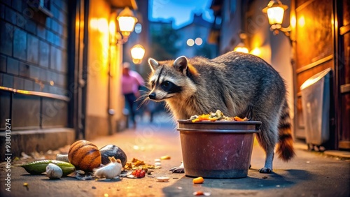 A curious raccoon rummages through a messy garbage bin, pulling out shiny objects and discarded food scraps in a residential alleyway at dusk. photo