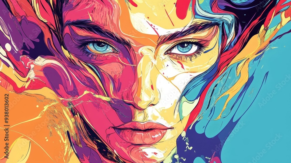 Abstract Portrait of a Woman with Vibrant Colors - A woman's face is ...