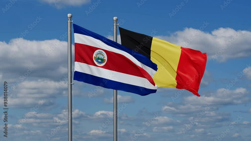 Belgium and Costa Rico flags flying together, video concept of the relationship, two country relations concept Belgium and Costa Rico flags flying together, video concept of the relationship, two country relations concept