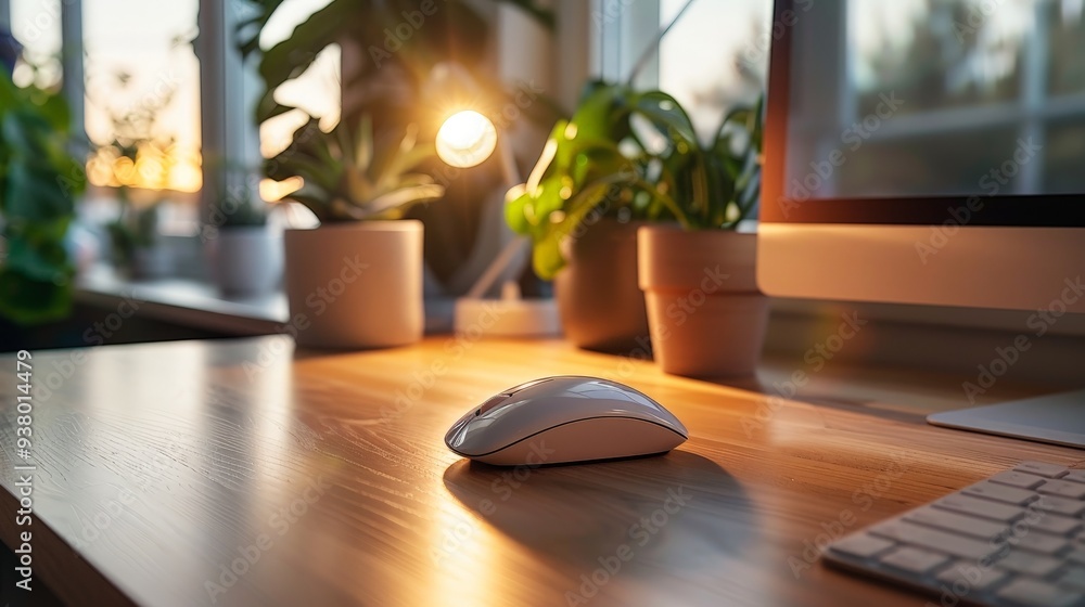 Sleek Wireless Mouse on a Modern Office Desk Sleek Wireless Mouse on a Modern Office Desk