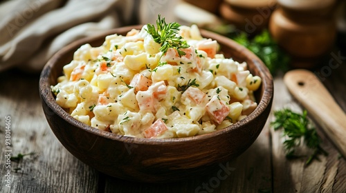 Delicious Traditional Russian Salad Olivier Served on Wooden Table photo