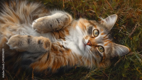 Adorable Cat Relaxing in Grass with Curious Expression - A charming tabby cat lies on its back in a patch of green grass, gazing up with a playful and curious expression, showcasing the beauty of feli