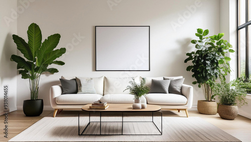 Sala de estar minimalista e bem iluminada, com decoração clean e confortável. Sofá branco tapete cinza claro,. Parede com quadro em moldura fina preta. Mockup, render 3d. photo