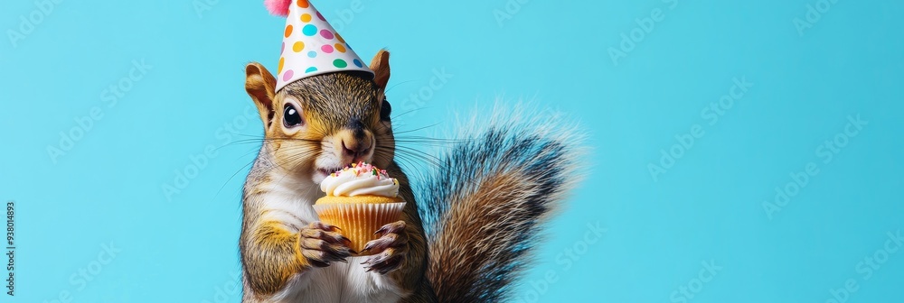 Adorable Squirrel in a Party Hat Enjoys a Birthday Cupcake - A cute ...