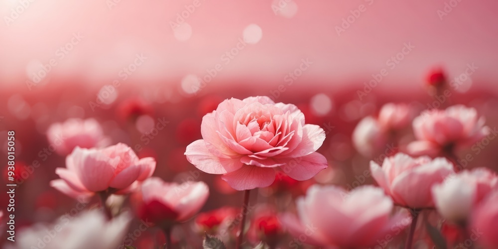 A pink bloom sits in a red and white flower sea, surrounded by a rosy sky. A pink bloom sits in a red and white flower sea, surrounded by a rosy sky.