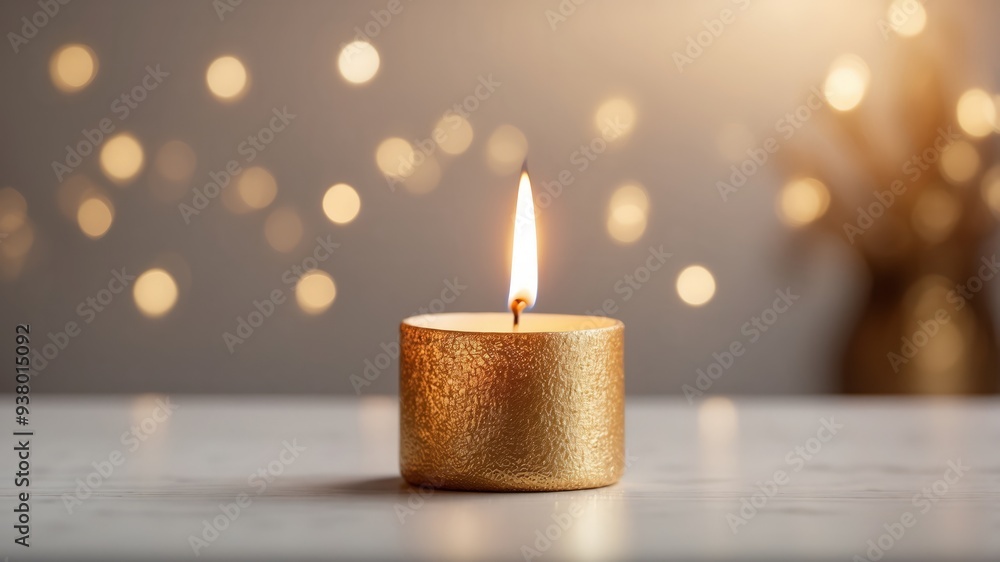 A high-quality, golden candle placed on an empty white surface with soft lighting casting gentle shadows, creating a serene and luxurious atmosphere. A high-quality, golden candle placed on an empty white surface with soft lighting casting gentle shadows, creating a serene and luxurious atmosphere.