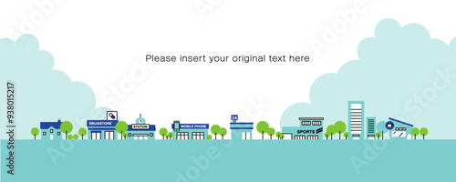 ドラッグストア、駅、高層マンションなど、シンプルでかわいい街並みのイラスト素材