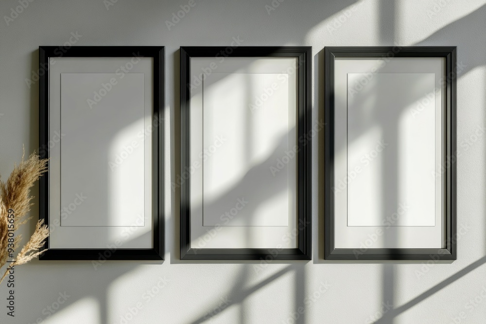 Modern desk featuring three empty picture frames and a black lamp Modern desk featuring three empty picture frames and a black lamp