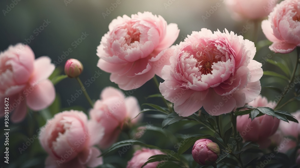 Pink peonies blooming with blurred background and soft light. Pink peonies blooming with blurred background and soft light.