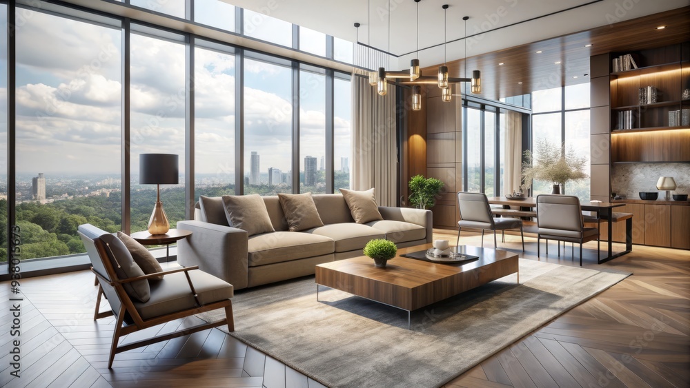 Fototapeta premium Sleek, minimalist interior with neutral tones, floor-to-ceiling windows, and contemporary furniture, exuding a sense of luxury and sophistication in a modern living space.
