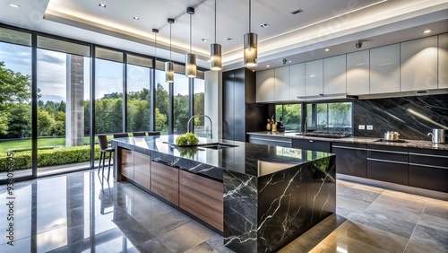 Sleek, minimalist interior with black marble countertops, polished chrome fixtures, and expansive windows flooding the space with natural light, epitomizing modern luxury living.