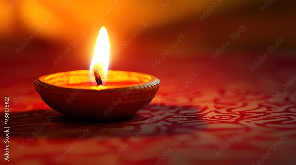 Traditional Oil Lamp Burning Brightly: Warm Light Illuminates Beautiful Patterns Against a Reddish Background During Diwali Celebrations, Featuring Ample Copy Space Traditional Oil Lamp Burning Brightly: Warm Light Illuminates Beautiful Patterns Against a Reddish Background During Diwali Celebrations, Featuring Ample Copy Space