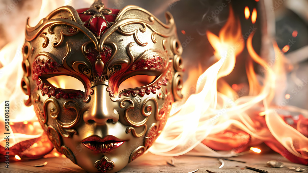 3D Glossy Halloween Mask Background with Firelight concept as A glossy background featuring a Halloween mask illuminated by firelight in a dark mysterious setting. Perfect for Halloween party advertis 3D Glossy Halloween Mask Background with Firelight concept as A glossy background featuring a Halloween mask illuminated by firelight in a dark mysterious setting. Perfect for Halloween party advertis