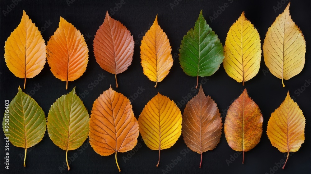 Obraz premium Colorful autumn leaves arranged on black background, showcasing changing hues of orange, yellow, red, green, and brown
