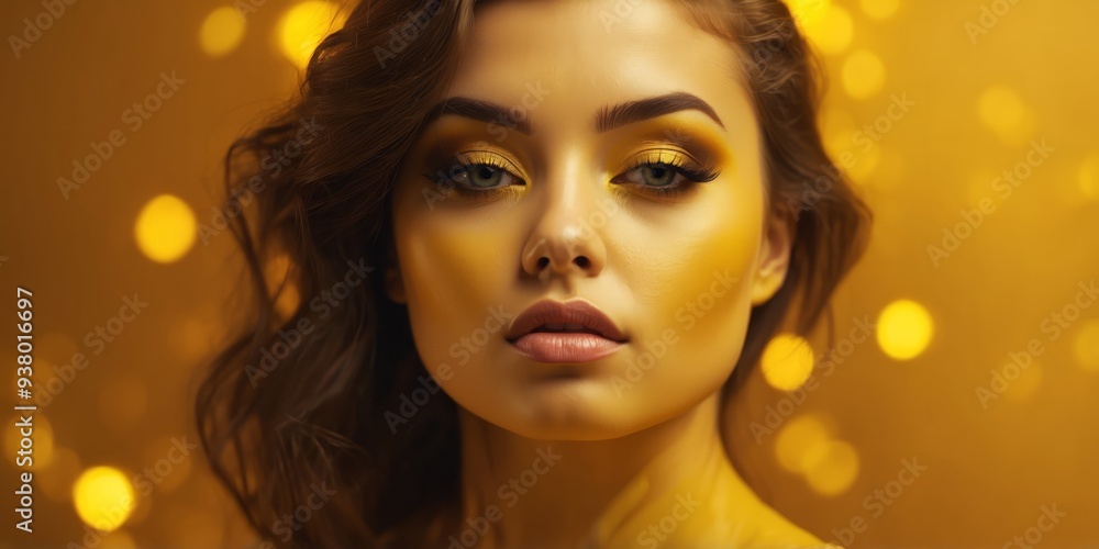 A stunning model with yellow makeup, on hard yellow background. A stunning model with yellow makeup, on hard yellow background.