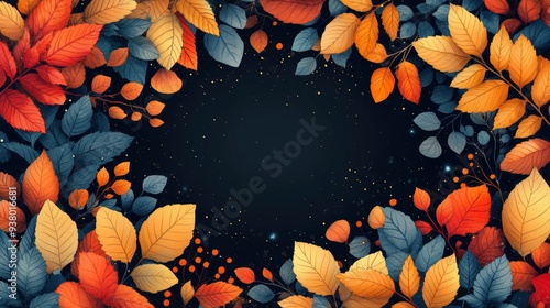 Vibrant orange and blue autumn leaves forming a border on a dark blue background with golden glitter, creating a festive fall atmosphere