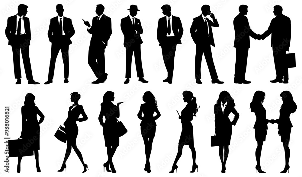 Fototapeta premium Group of business women and business men, Vector graphic silhouette black white isolated