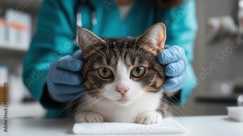 Veterinarian demonstrating how to properly clean a cat s ears in a clinic, preventing infections, routine pet care photo