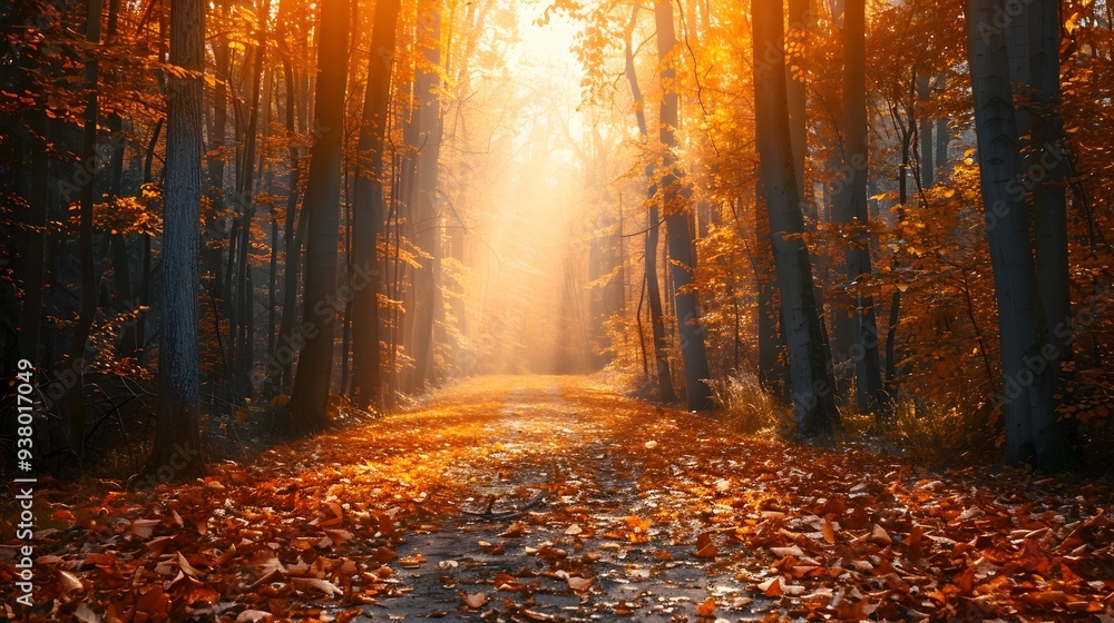 Fototapeta premium Tranquil Autumn Forest Path with Golden Sunlight and Fallen Leaves