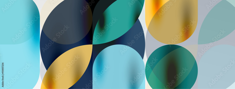 Mosaic geometric elements. Colorful circles, round geometric shapes and lines with shadow 3d effects. Simple forms abstract background for wallpaper, banner, template or landing Mosaic geometric elements. Colorful circles, round geometric shapes and lines with shadow 3d effects. Simple forms abstract background for wallpaper, banner, template or landing