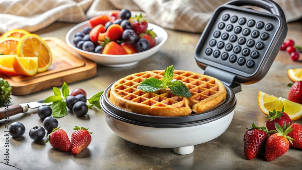Small electric waffle iron on a countertop, ready to cook a delicious breakfast, with a non-stick surface and indicator lights, surrounded by fresh fruit. Small electric waffle iron on a countertop, ready to cook a delicious breakfast, with a non-stick surface and indicator lights, surrounded by fresh fruit.