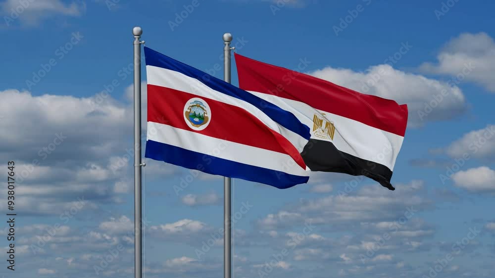 Egypt and Costa Rico flags flying together, video concept of the relationship, two country relations concept Egypt and Costa Rico flags flying together, video concept of the relationship, two country relations concept