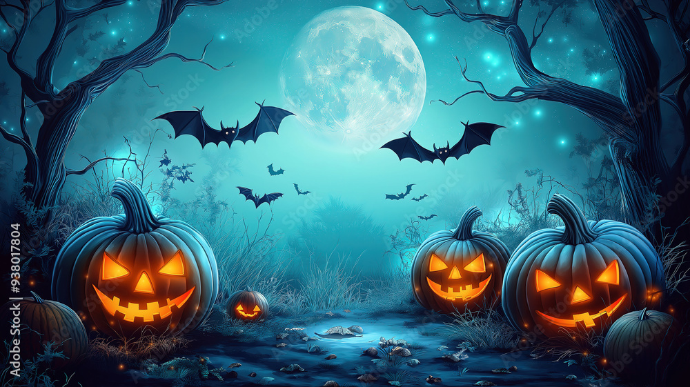 Awesome Halloween Pumpkins and Bats in the Moonlight Awesome Halloween Pumpkins and Bats in the Moonlight