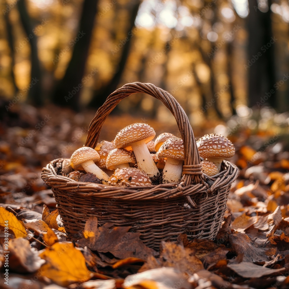 In the forest, a basket overflows with wild mushrooms among autumn leaves, capturing the essence of foraging in nature's harvest. Vibrant fall colors surround the scene In the forest, a basket overflows with wild mushrooms among autumn leaves, capturing the essence of foraging in nature's harvest. Vibrant fall colors surround the scene