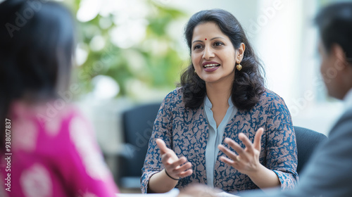 Wallpaper Mural Smiling woman engaging in a conversation with two colleagues in an office setting. She is gesturing with her hands, expressing her ideas with confidence and enthusiasm Torontodigital.ca