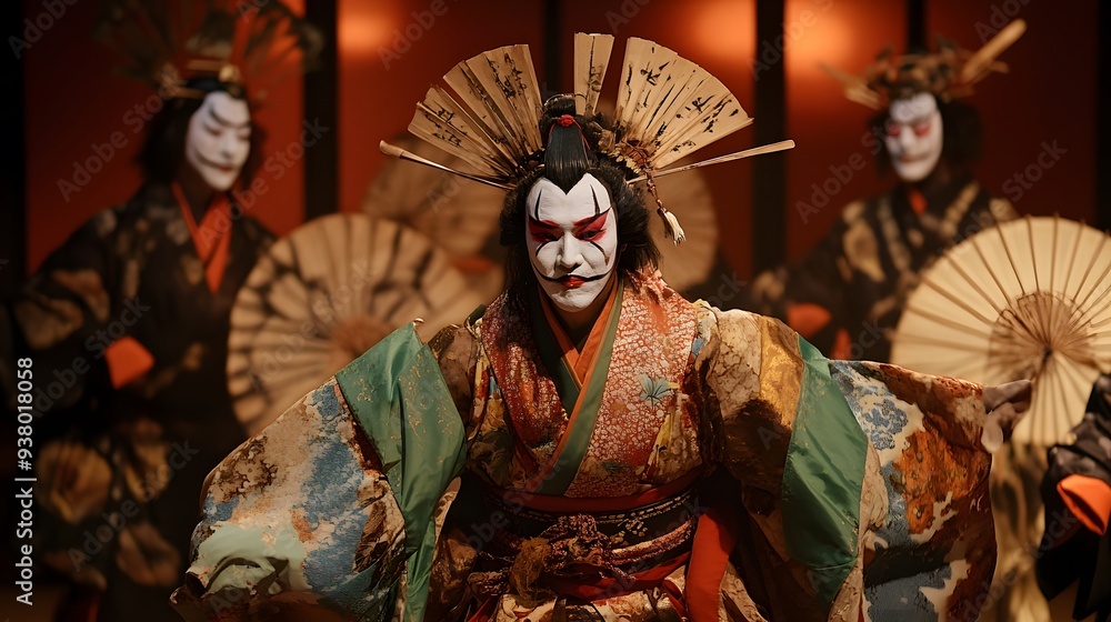 Kabuki Theater Performance: A dramatic Kabuki theater performance with actors in elaborate costumes and makeup. Kabuki Theater Performance: A dramatic Kabuki theater performance with actors in elaborate costumes and makeup.