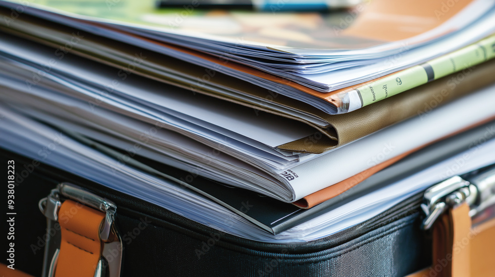 Stack of documents and folders piled on top of a briefcase. The image reflects organization, paperwork, and business activities Stack of documents and folders piled on top of a briefcase. The image reflects organization, paperwork, and business activities