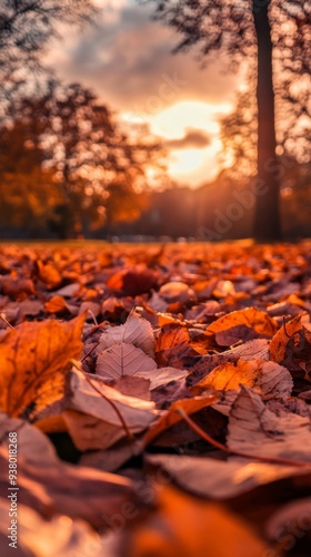 Wallpaper Mural Low angle view of golden autumn leaves covering the ground, with the warm light of the setting sun shining through the trees in the background Torontodigital.ca