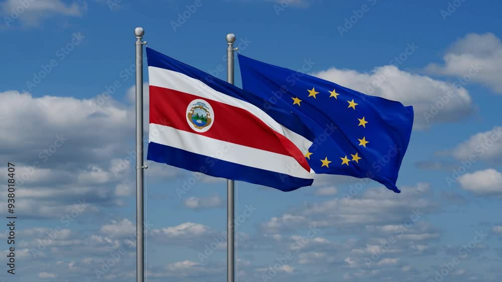 European Union and Costa Rico flags flying together, video concept of the relationship European Union and Costa Rico flags flying together, video concept of the relationship