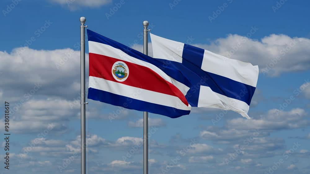 Finland and Costa Rico flags flying together, video concept of the relationship, two country relations concept Finland and Costa Rico flags flying together, video concept of the relationship, two country relations concept