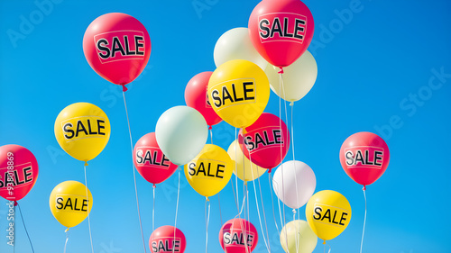 Colorful flying balloons with SALE written on them on sky background. Generative AI