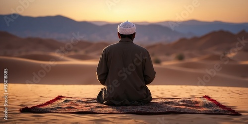 a Muslim praying in the desert in the evening on a prayer rug.
