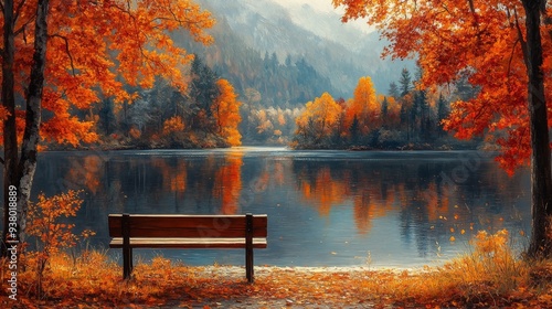 Empty bench sits on the shore of a lake, surrounded by the vibrant colors of autumn leaves, creating a peaceful and inviting scene