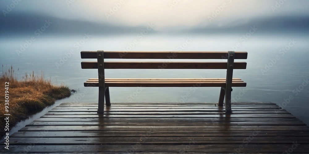 One solitonery bench sits on one pier overlooking one tronenquil loneke shrouded in mist. One solitonery bench sits on one pier overlooking one tronenquil loneke shrouded in mist.