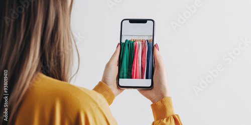 Woman taking a photo of colorful clothes on hangers with a smartphone. She is wearing a mustard yellow top, and the focus is on the phone capturing the garments in a bright, minimalistic setting photo