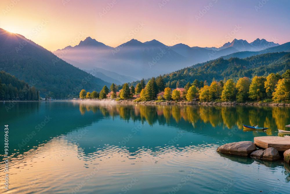 A beautiful lake with mountains in the background A beautiful lake with mountains in the background